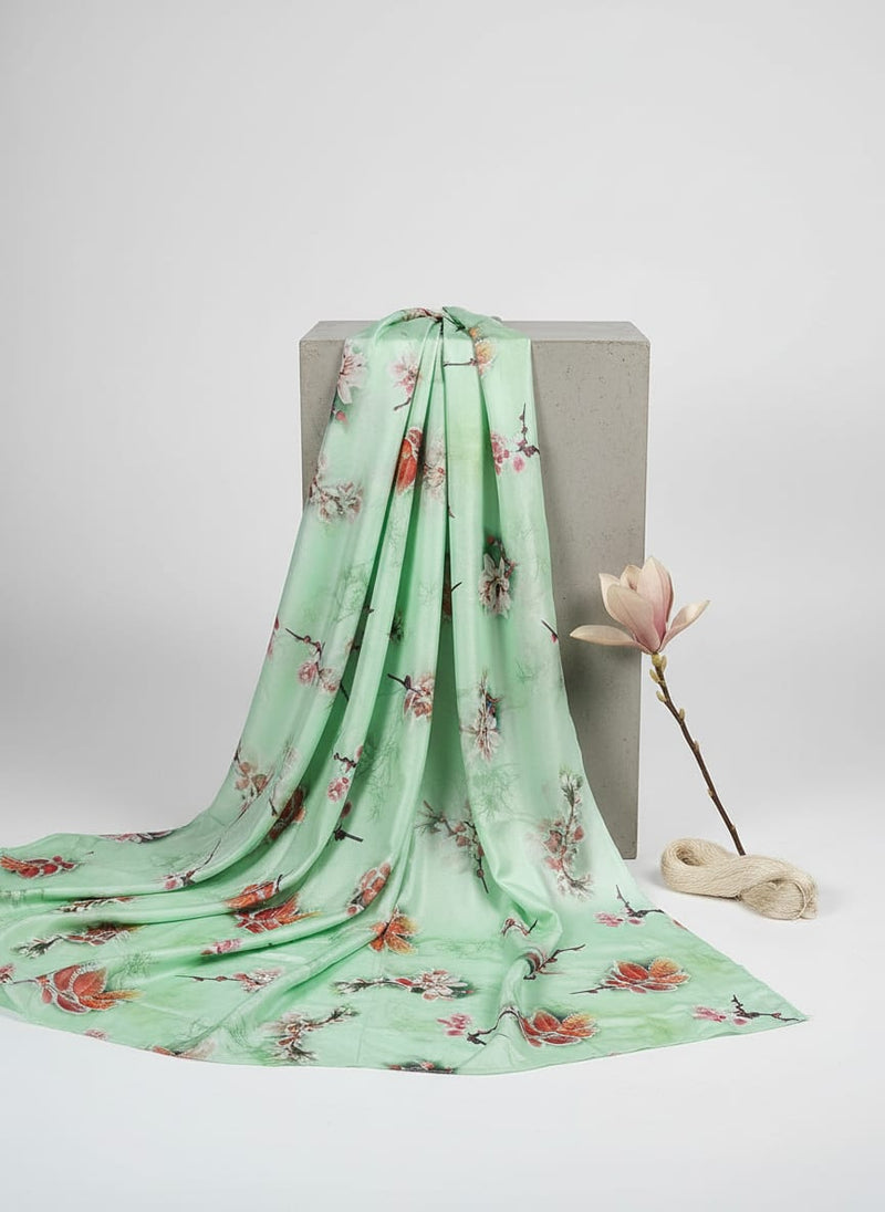 Beautiful Pink Floral With Red Leaves Digital Printed Fabric - Silk Crepe
