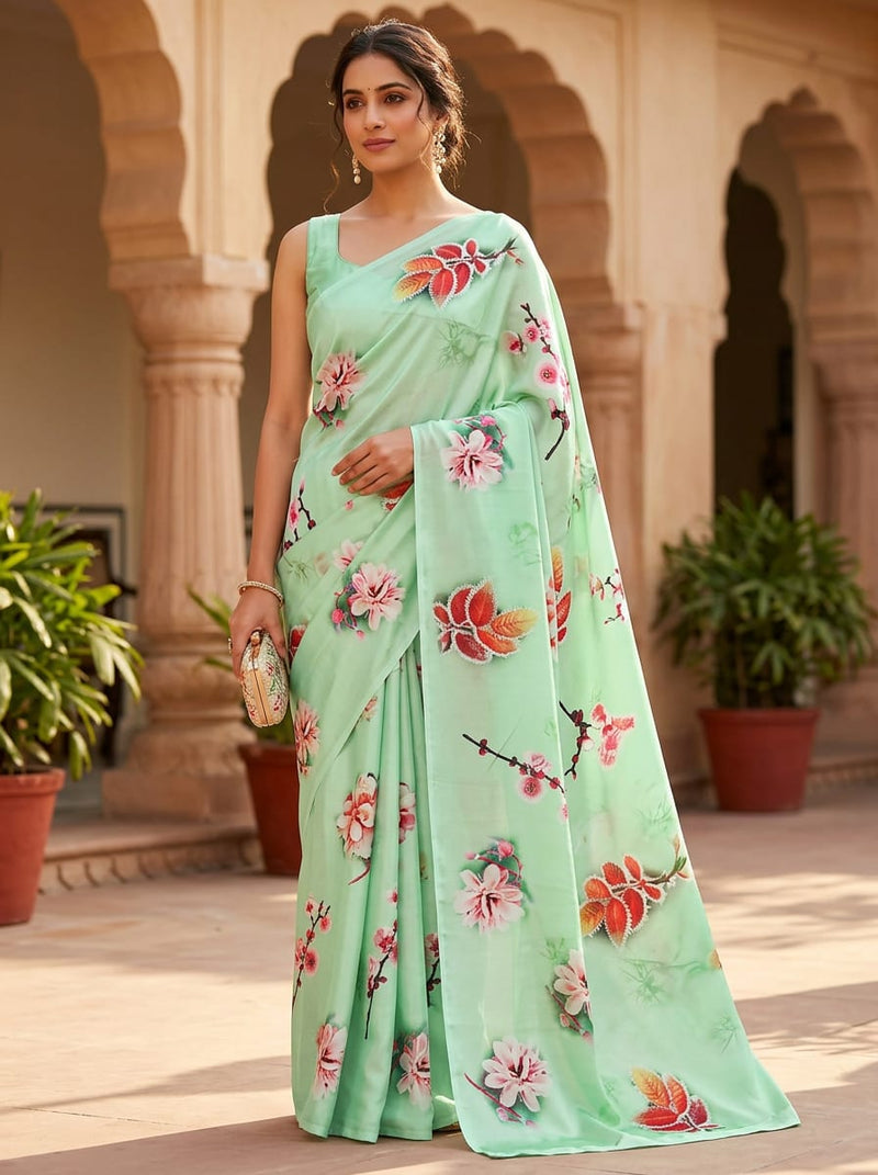 Green Painterly Floral and Leaf Print Silk Crepe Digital Printed Fabric