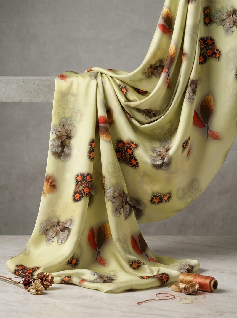 Cream Autumnal Floral and Leaf Print Japan Satin Digital Printed Fabric