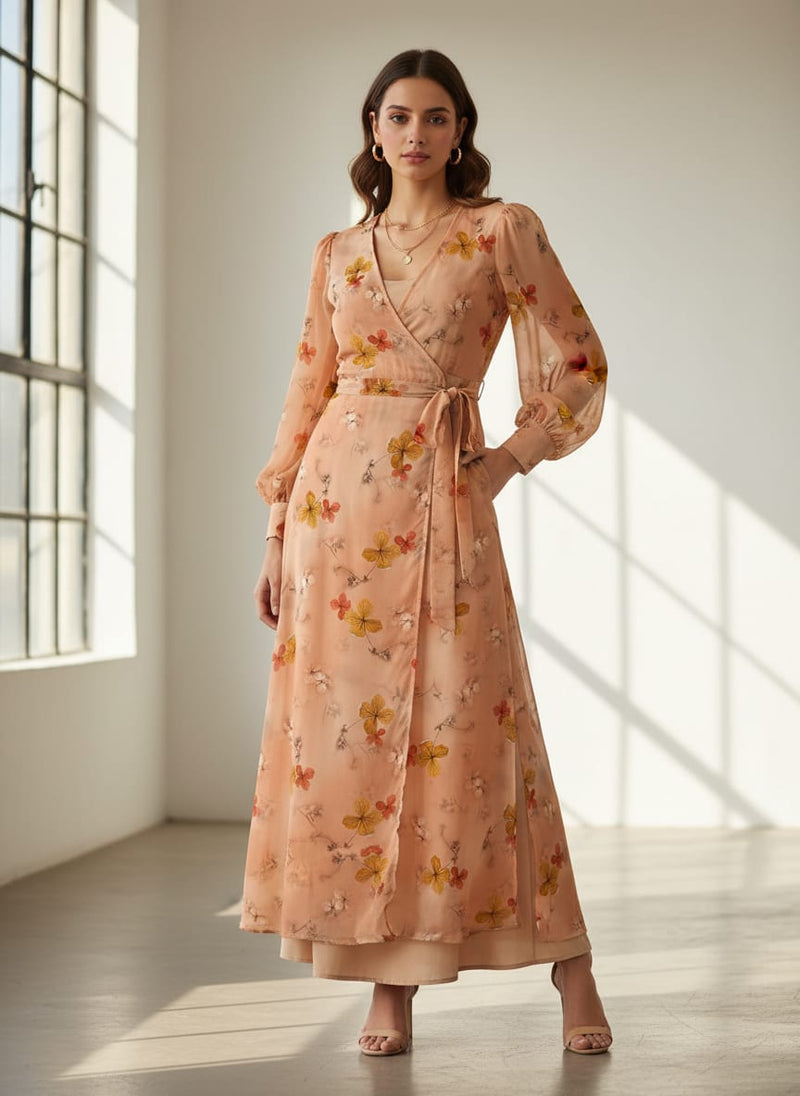 Repeat Red And Golden Periwinkle Digital Printed Fabric - Pure Georgette