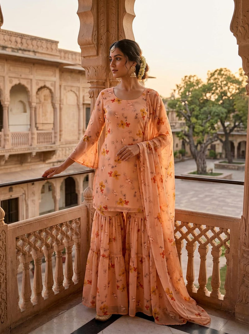 Peach Scattered Dainty Floral Pure Georgette Digital Printed Fabric