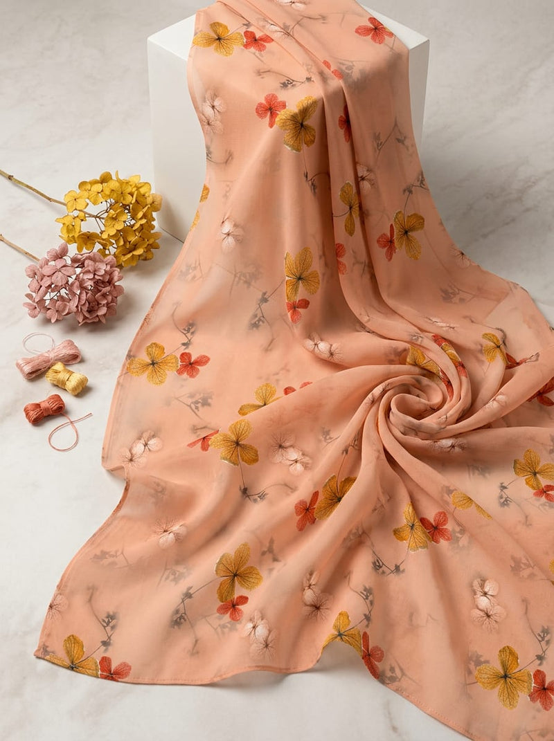 Peach Scattered Dainty Floral Pure Georgette Digital Printed Fabric