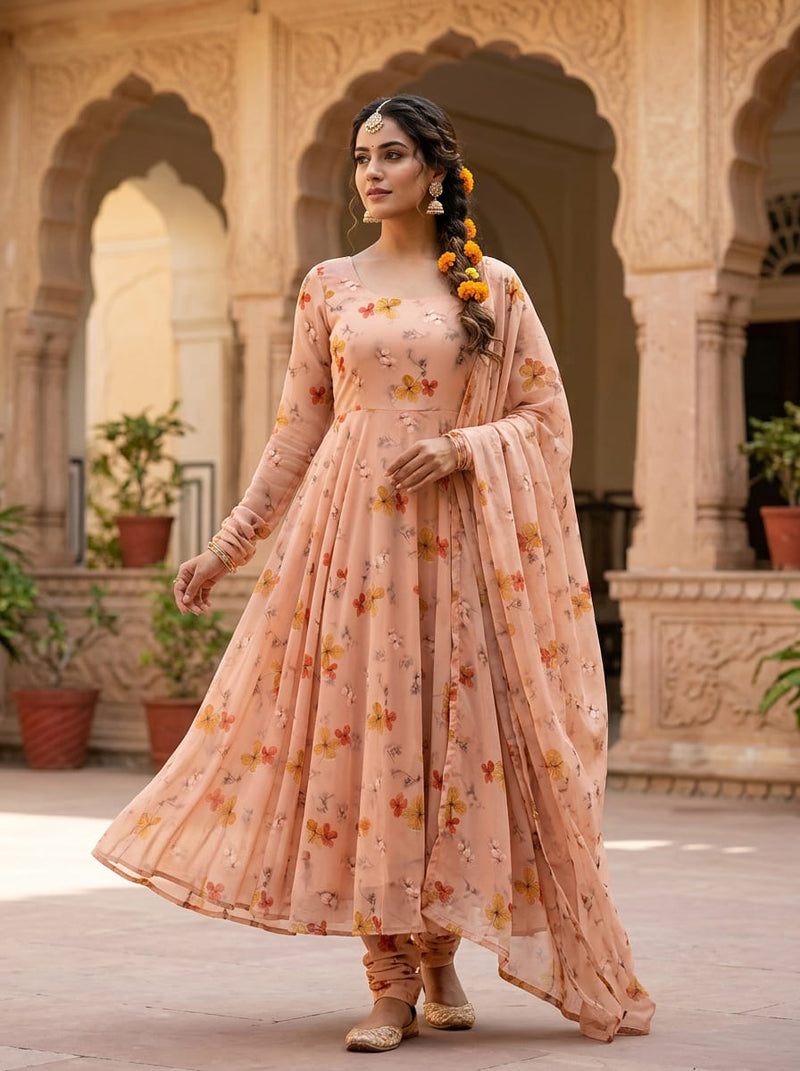 Peach Scattered Dainty Floral Pure Georgette Digital Printed Fabric