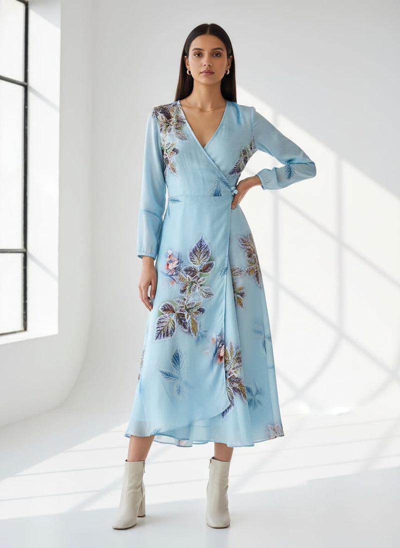 Winter Cool Colour Freezy Leaves Digital Printed Fabric - Silk Crepe