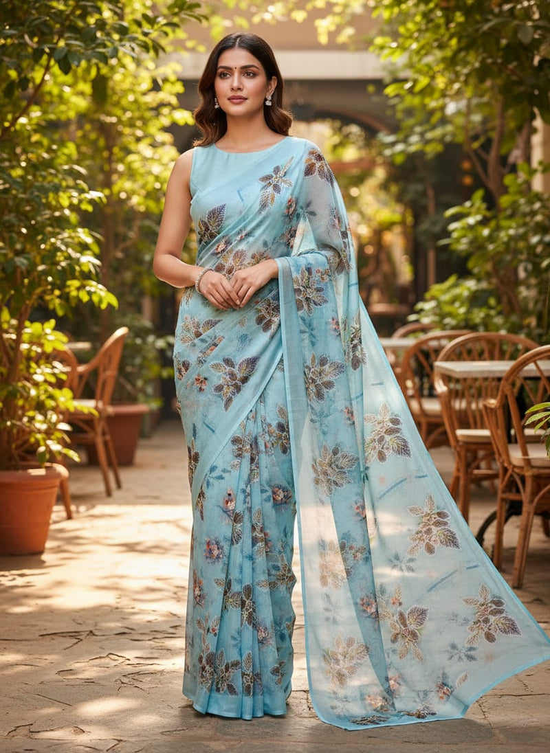 Winter Cool Colour Freezy Leaves Digital Printed Fabric - Silk Crepe