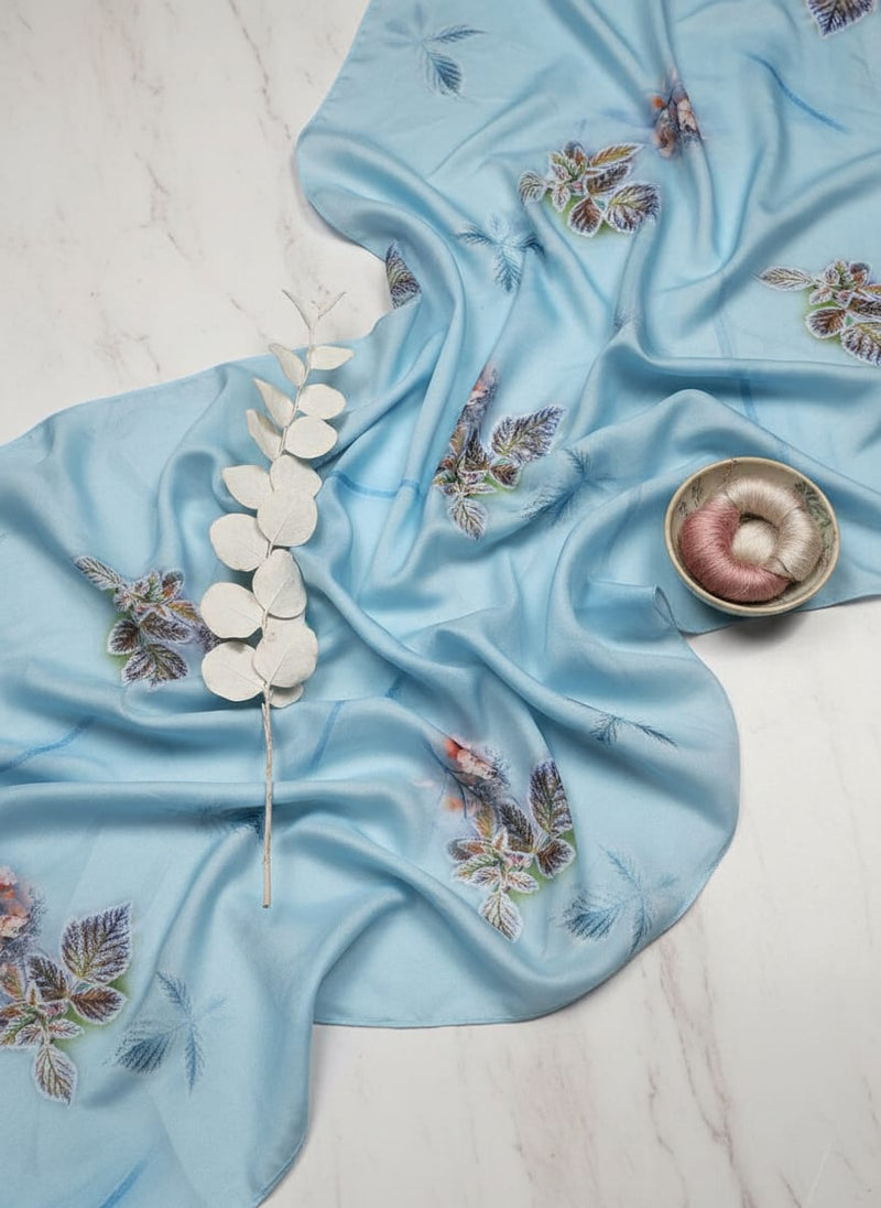 Winter Cool Colour Freezy Leaves Digital Printed Fabric - Silk Crepe