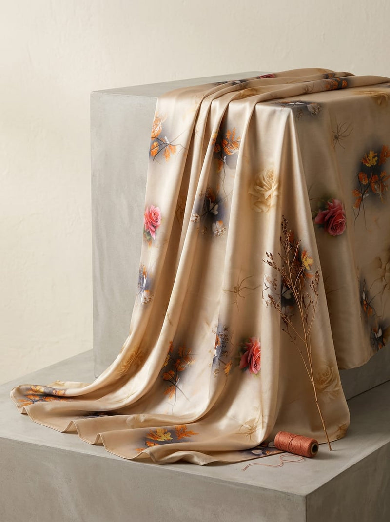Cream Painterly Floral and Botanical Japan Satin Digital Printed Fabric