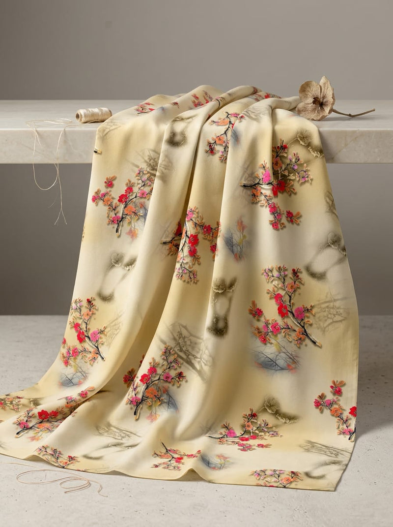 Cream Japanese Cherry Blossom Floral Silk Crepe Digital Printed Fabric