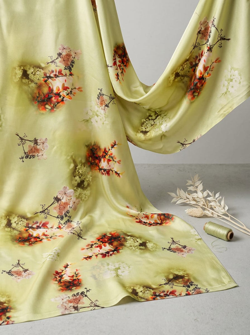 Cream Watercolor Floral Branch Silk Crepe Digital Printed Fabric