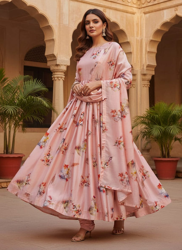 Antique Coral Colour Background With Autumn Buds Digital Printed Fabric - Japan Satin - Anarkali Kurta Set Lookbook - JS-0-TA09563P1-110 - alternate view