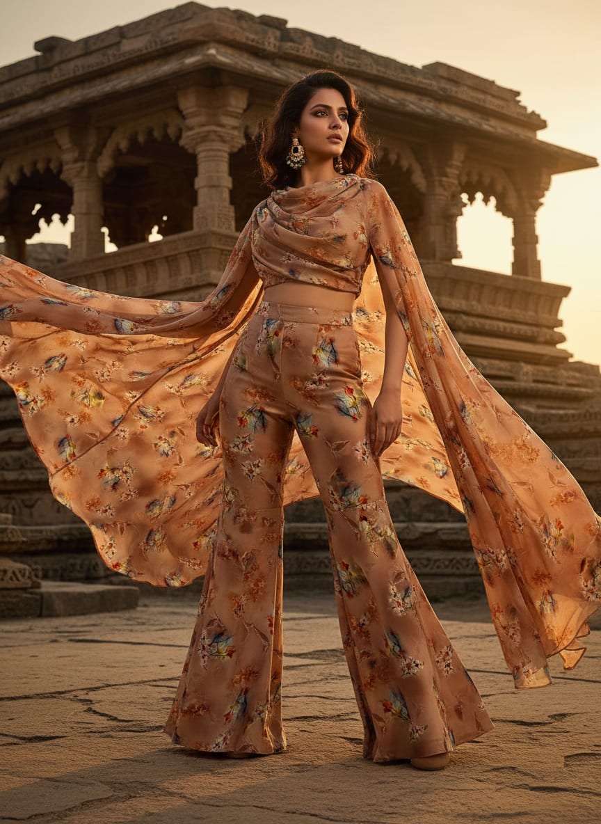 Golden Periwinkle With Timber Trail Leaves Digital Printed Fabric - Silk Crepe