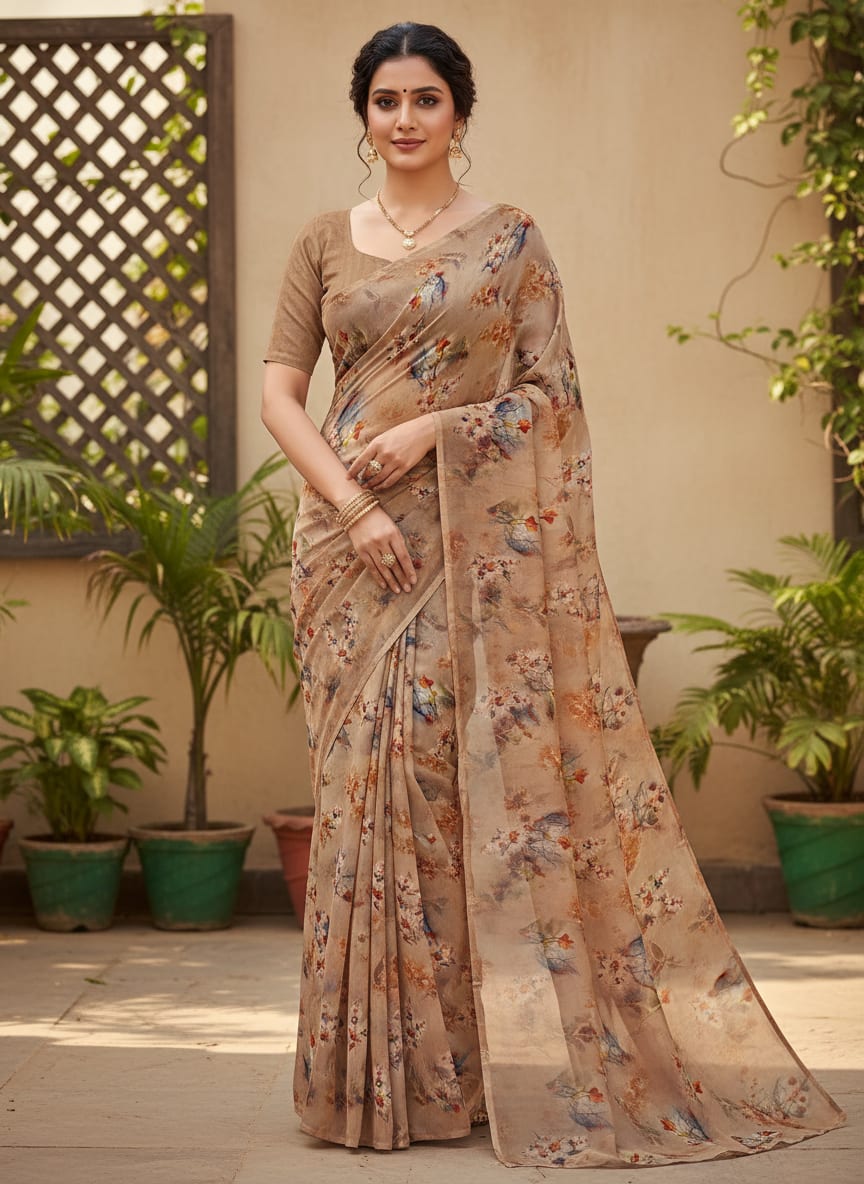 Golden Periwinkle With Timber Trail Leaves Digital Printed Fabric - Silk Crepe