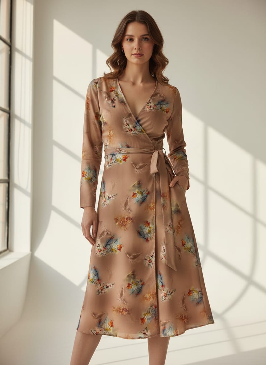 Golden Periwinkle With Timber Trail Leaves Digital Printed Fabric - Silk Crepe