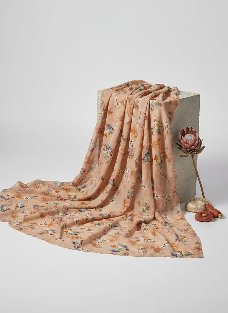 Golden Periwinkle With Timber Trail Leaves Digital Printed Fabric - Silk Crepe