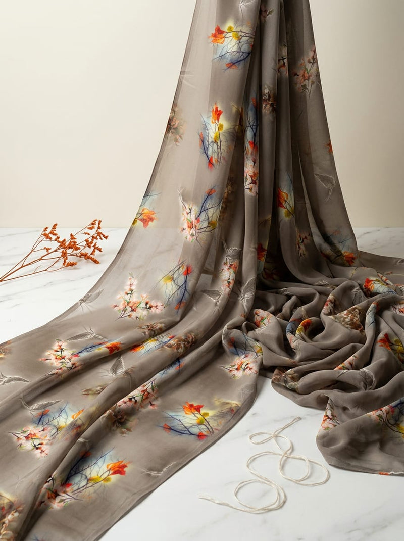 Grey Painterly Autumnal Floral Pure Georgette Digital Printed Fabric