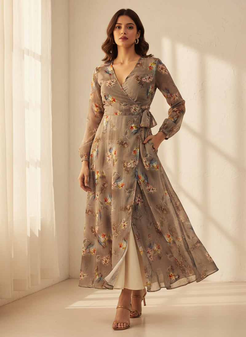 Attractive Pink Periwinkle With Autumn Buds Leaves Digital Printed Fabric - Pure Georgette