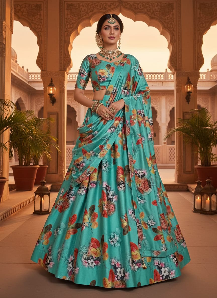 Decorative Orange Kudampuli With Blue Oasis Colour Digital Printed Fabric - Japan Satin