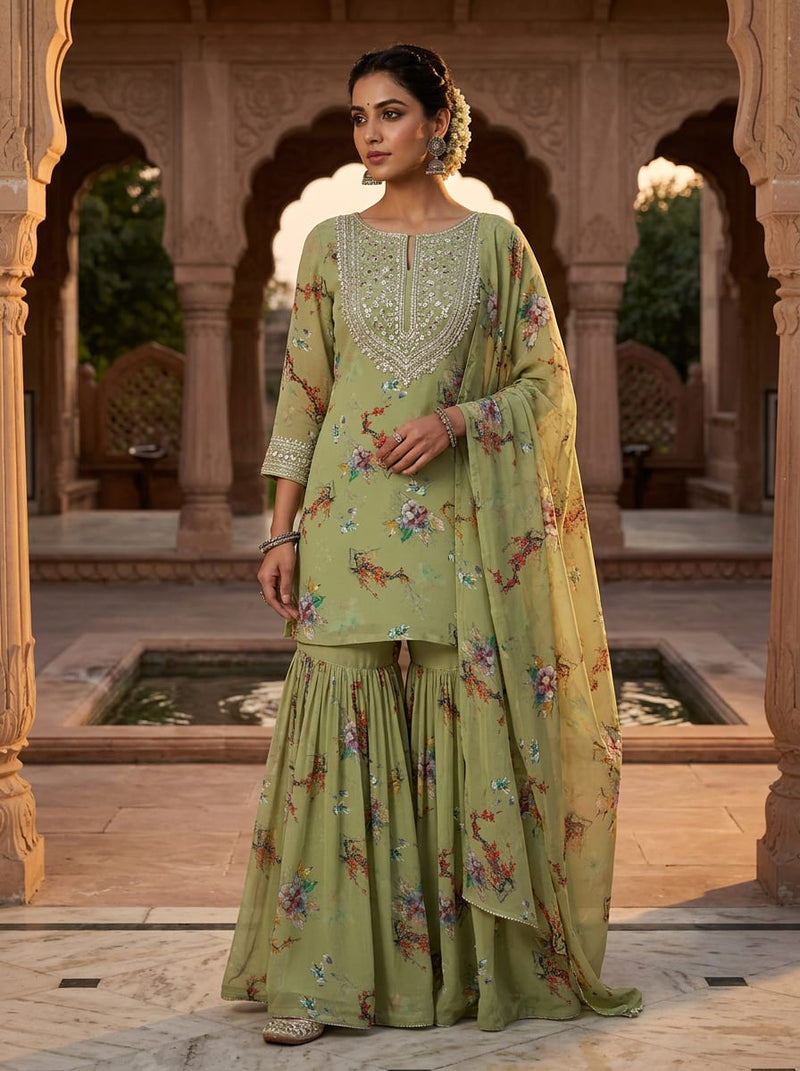 Green Painterly Floral Branch Pure Georgette Digital Printed Fabric