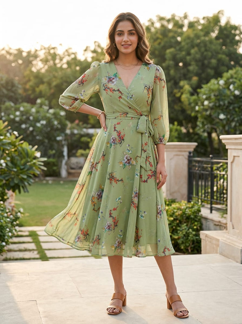 Green Painterly Floral Branch Pure Georgette Digital Printed Fabric