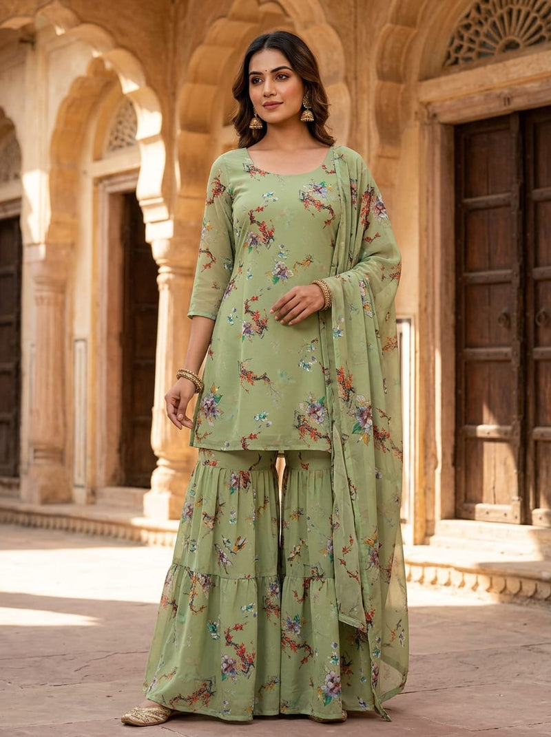 Green Painterly Floral Branch Pure Georgette Digital Printed Fabric