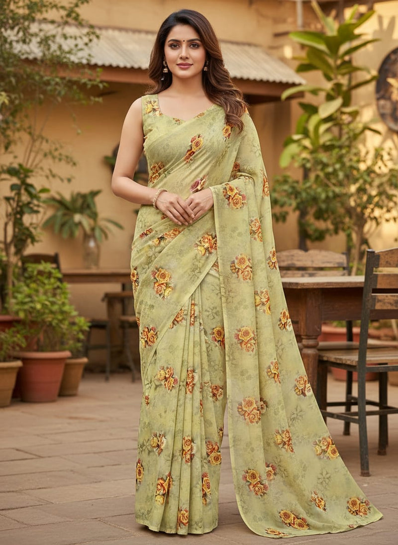 Yellow Roses Of Bunch Repeat Digital Printed Fabric - Silk Crepe