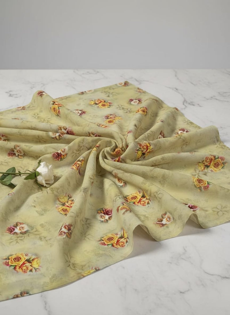 Yellow Roses Of Bunch Repeat Digital Printed Fabric - Silk Crepe