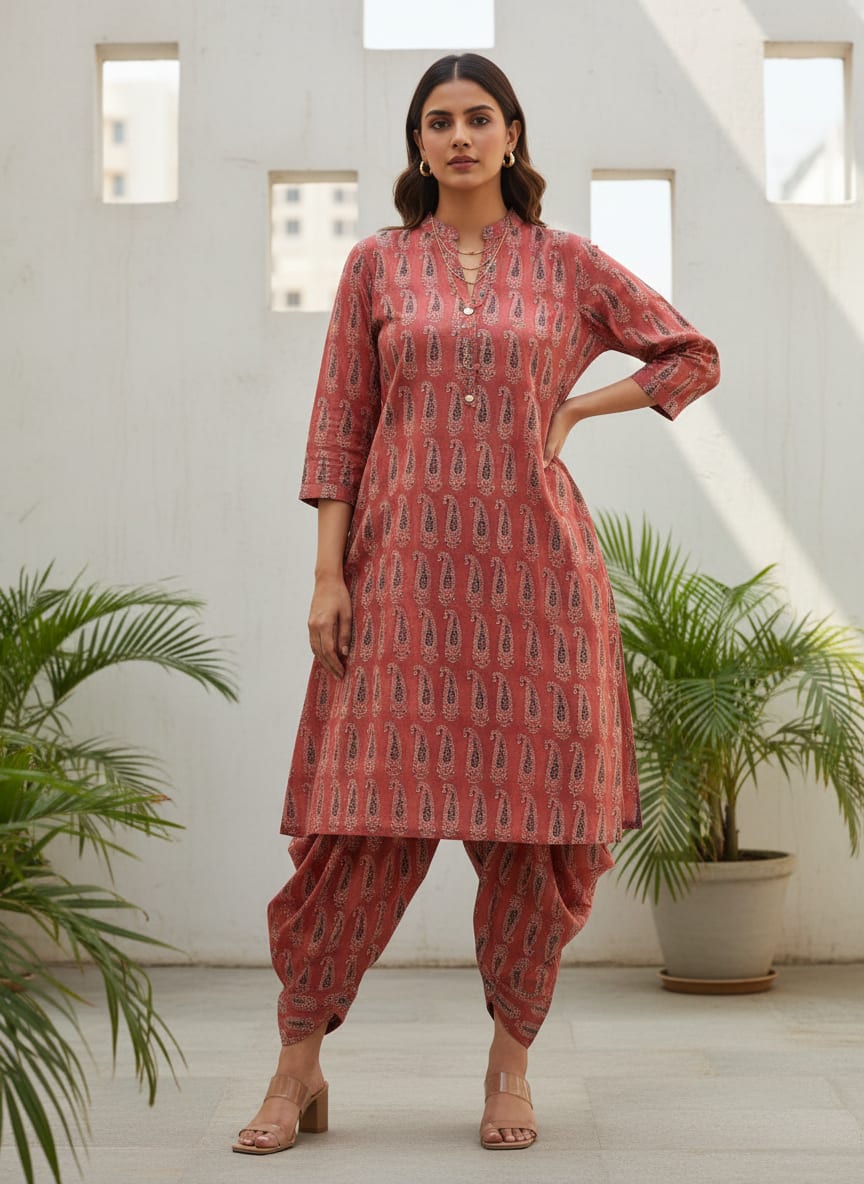 Peach Ethnic Paisley Motif Pure Cotton Digital Printed Fabric