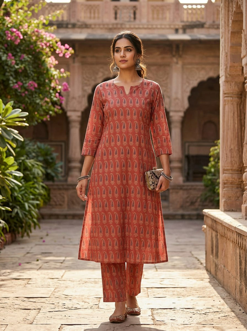 Peach Ethnic Paisley Motif Pure Cotton Digital Printed Fabric