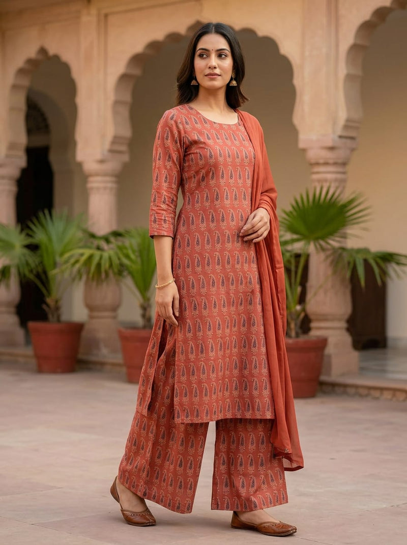 Peach Ethnic Paisley Motif Pure Cotton Digital Printed Fabric