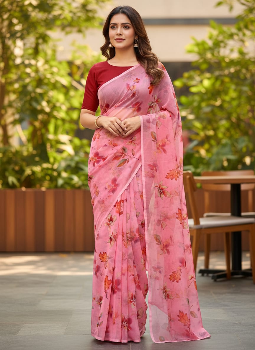 Attractive Multicolour Leaves With Pink Background Digital Printed Fabric - Weightless