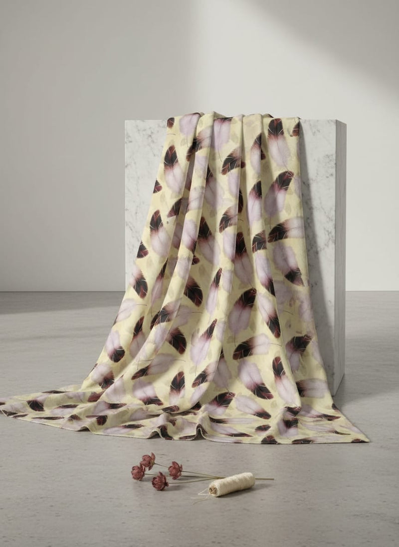 Brown Feather With pastel Yellow Background Digital Printed Fabric - Weightless