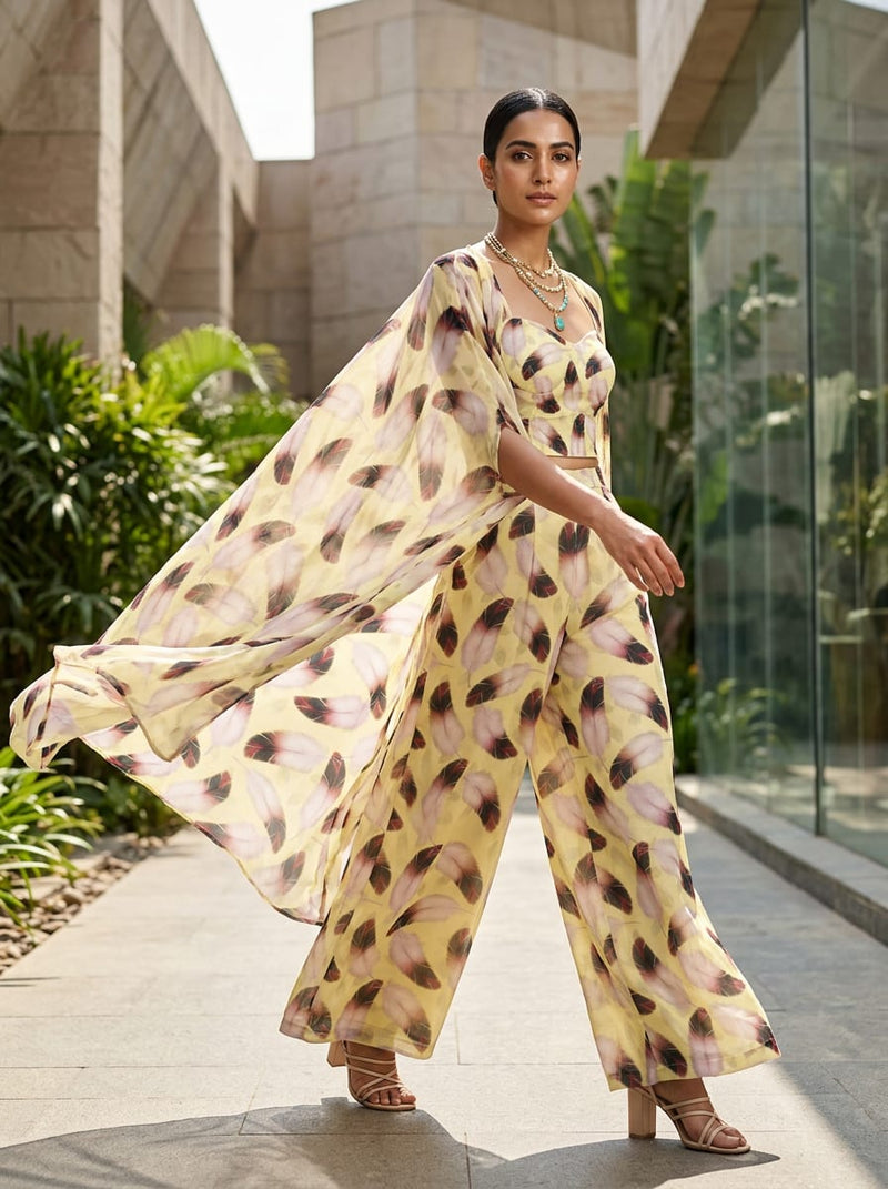 Yellow Bohemian Feather Print Weightless Digital Printed Fabric