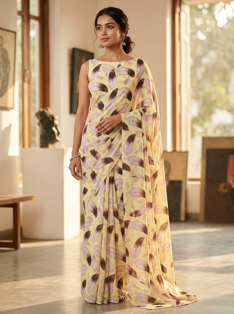 Yellow Bohemian Feather Print Weightless Digital Printed Fabric