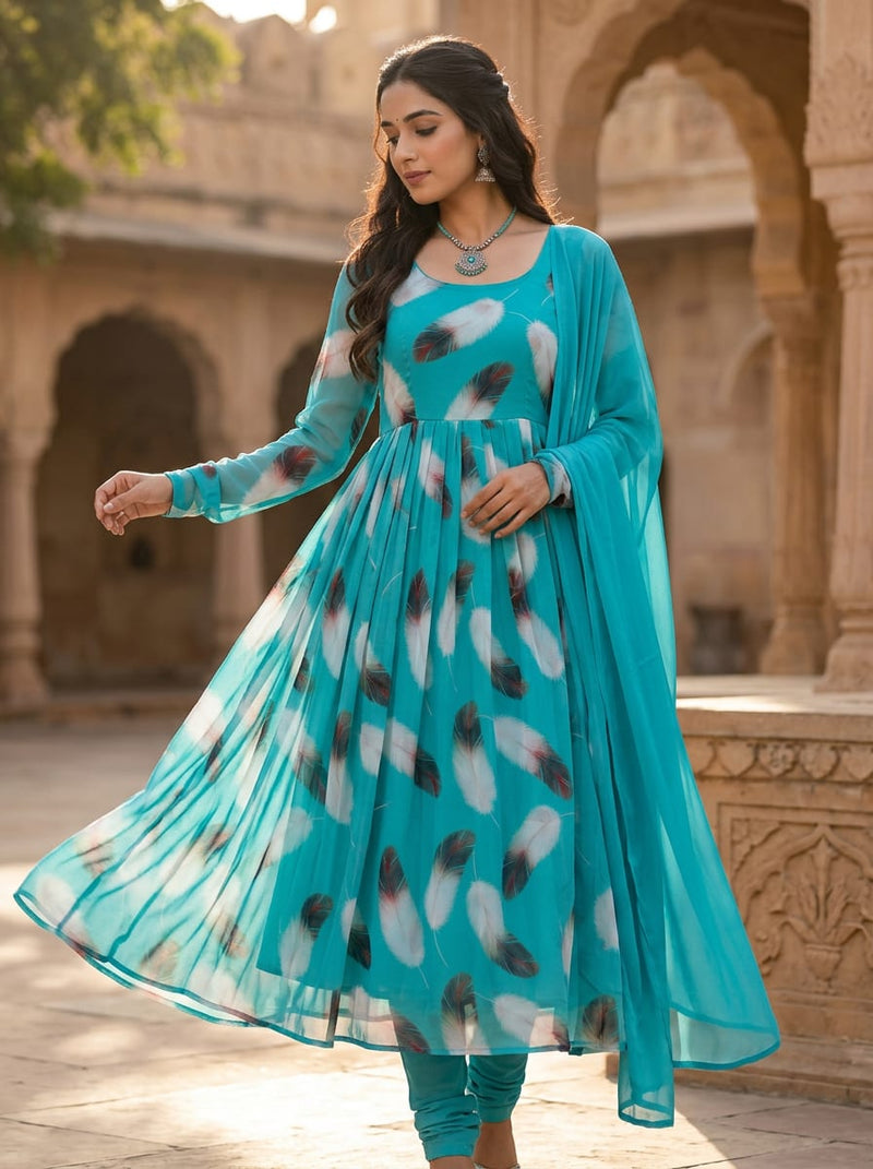 Teal Bohemian Feather Print Pure Georgette Digital Printed Fabric