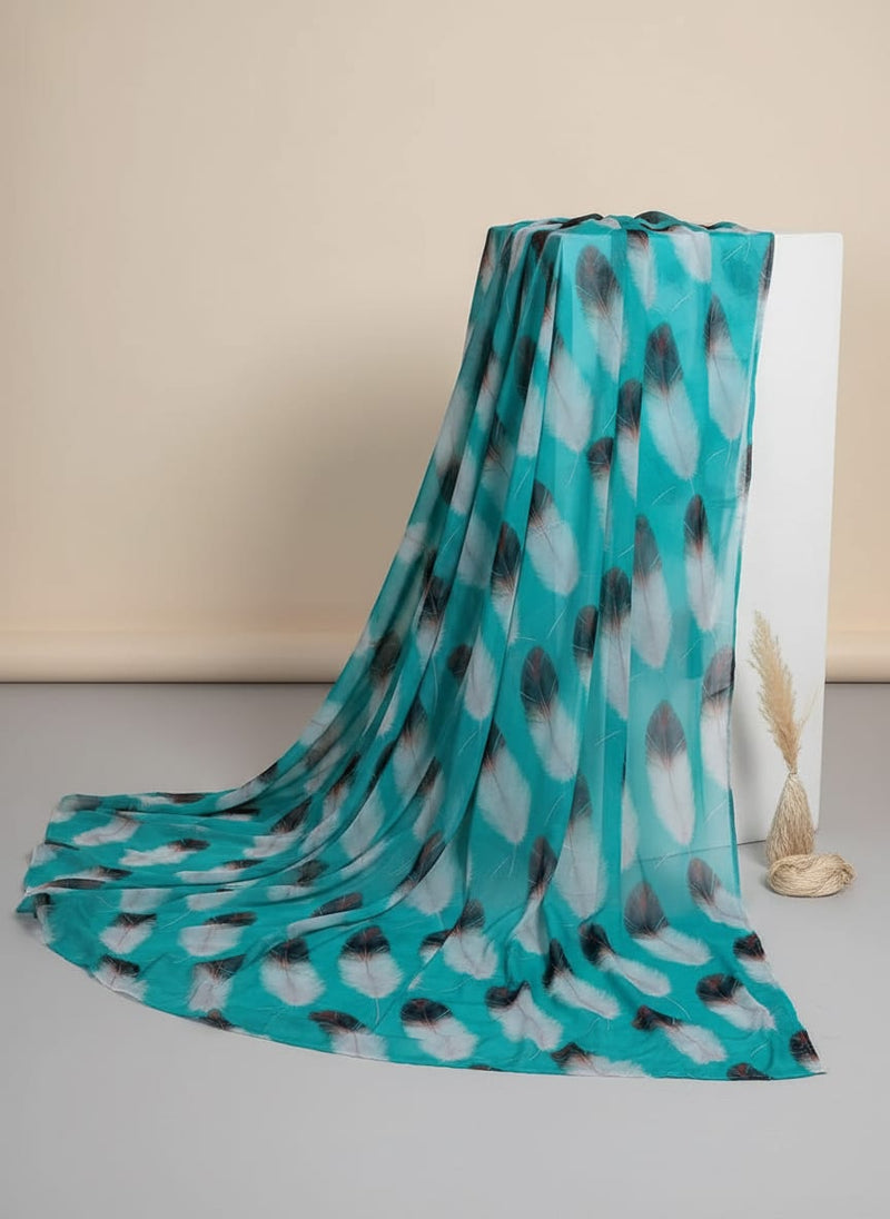 Winter Cool Ice Temple Colour Feather Digital Printed Fabric - Pure Georgette