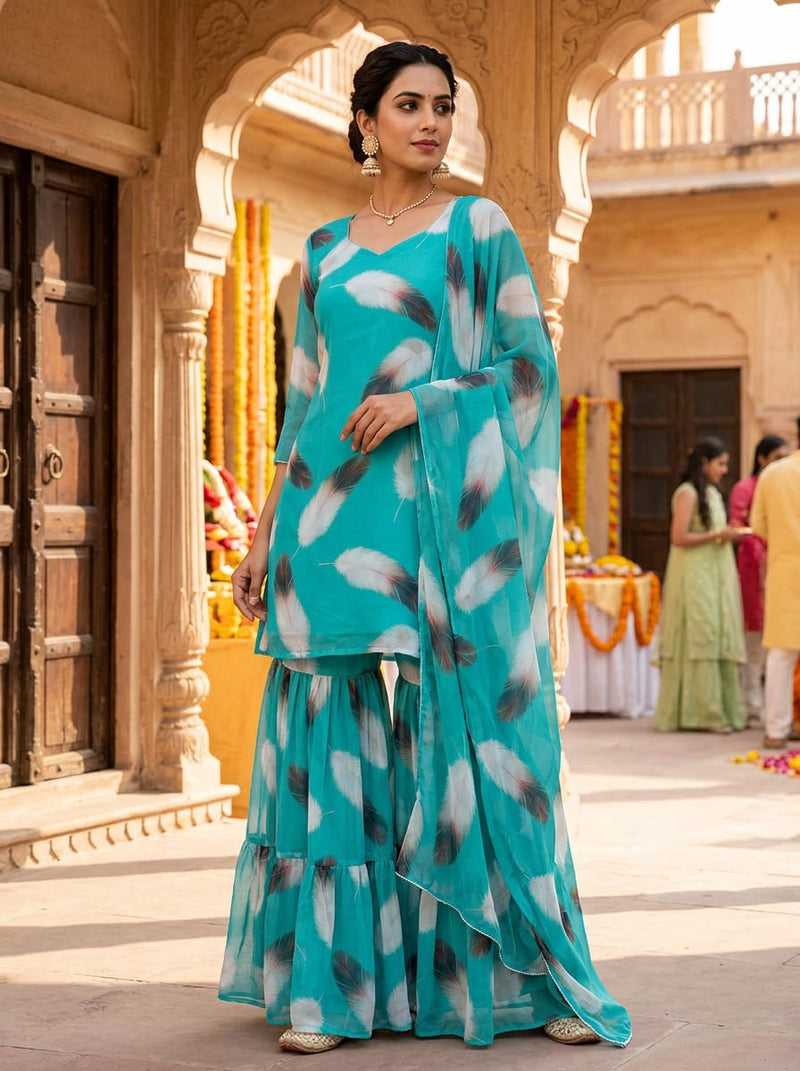 Teal Bohemian Feather Print Pure Georgette Digital Printed Fabric