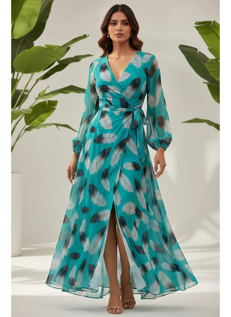Winter Cool Ice Temple Colour Feather Digital Printed Fabric - Pure Georgette