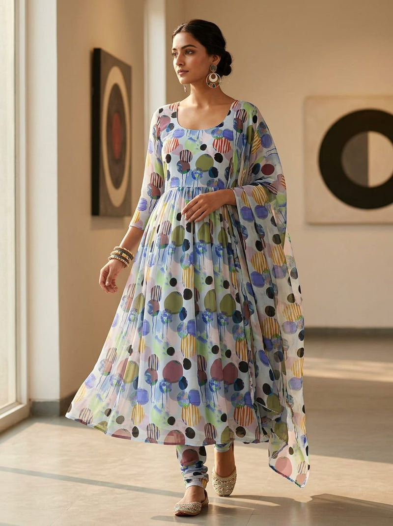 Multicolor Colorful Abstract Circles and Stripes Pure Georgette Digital Printed Fabric