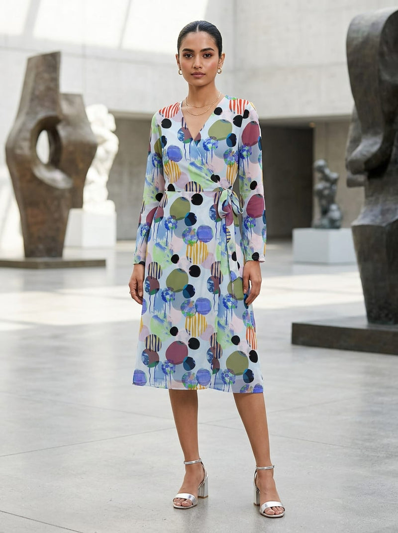 Multicolor Colorful Abstract Circles and Stripes Pure Georgette Digital Printed Fabric
