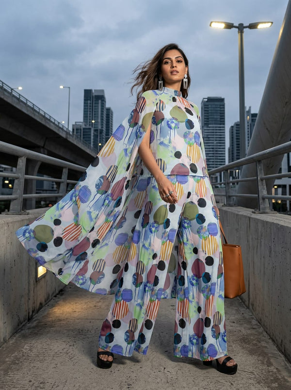 Multicolor Colorful Abstract Circles and Stripes Pure Georgette Digital Printed Fabric - Cape with Palazzo Lookbook - PG-0-TA09595C-110 - alternate view
