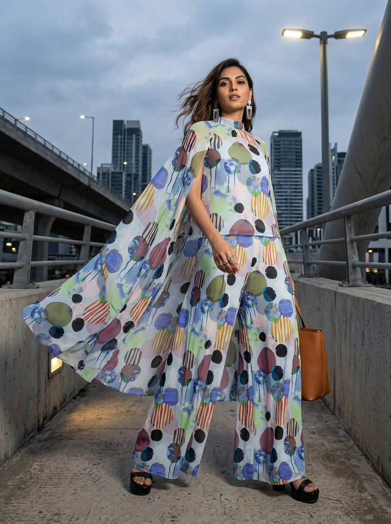 Multicolor Colorful Abstract Circles and Stripes Pure Georgette Digital Printed Fabric