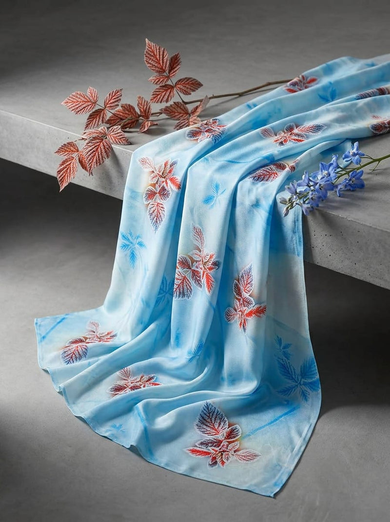 Blue Icy Botanical Leaf Print Silk Crepe Digital Printed Fabric