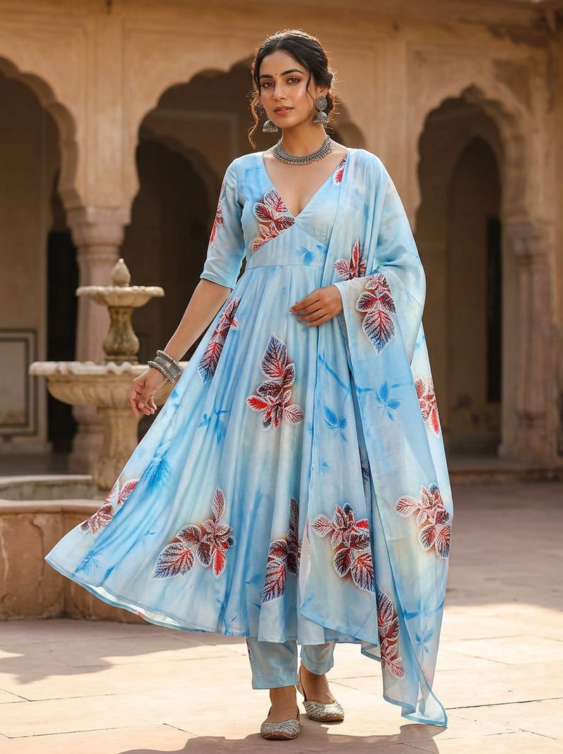 Blue Icy Botanical Leaf Print Silk Crepe Digital Printed Fabric