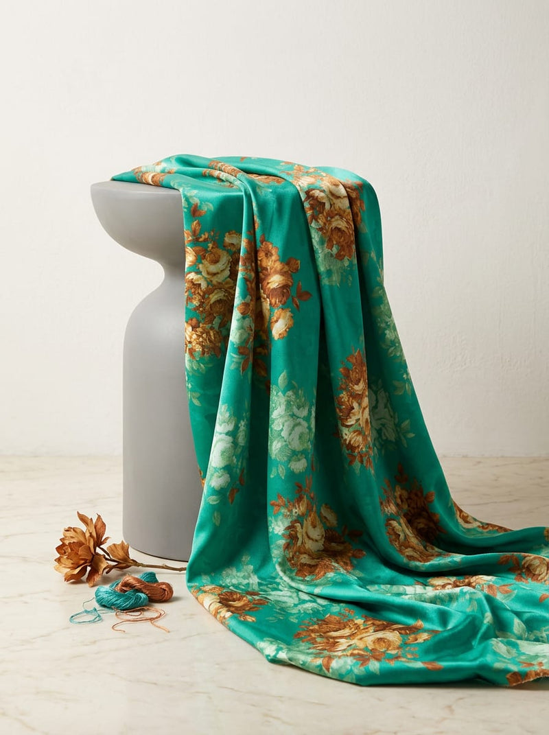 Teal Golden Brown Floral Bouquet Japan Satin Digital Printed Fabric