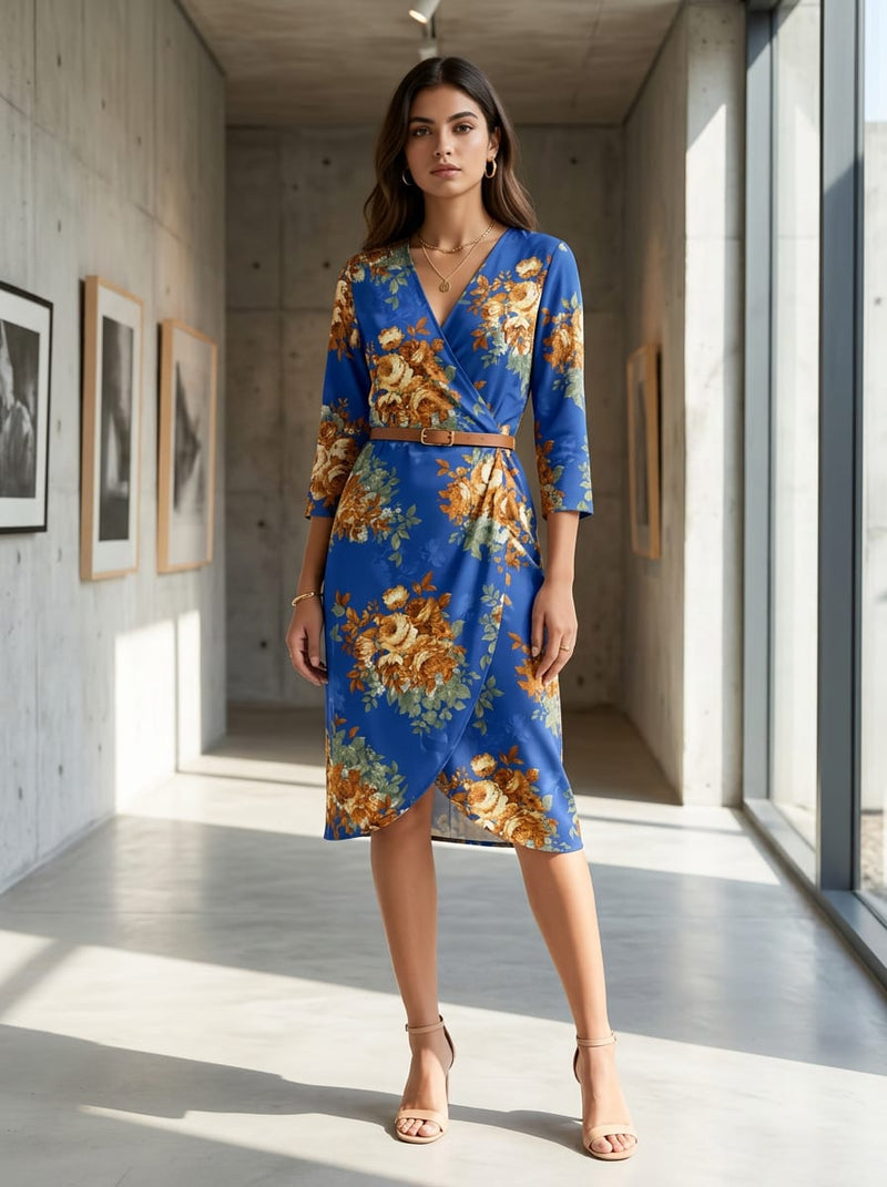 Blue Orange Floral Bouquets Silk Crepe Digital Printed Fabric