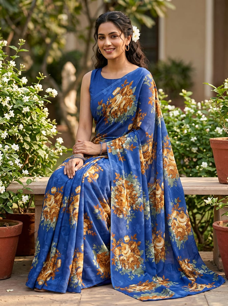 Blue Orange Floral Bouquets Silk Crepe Digital Printed Fabric