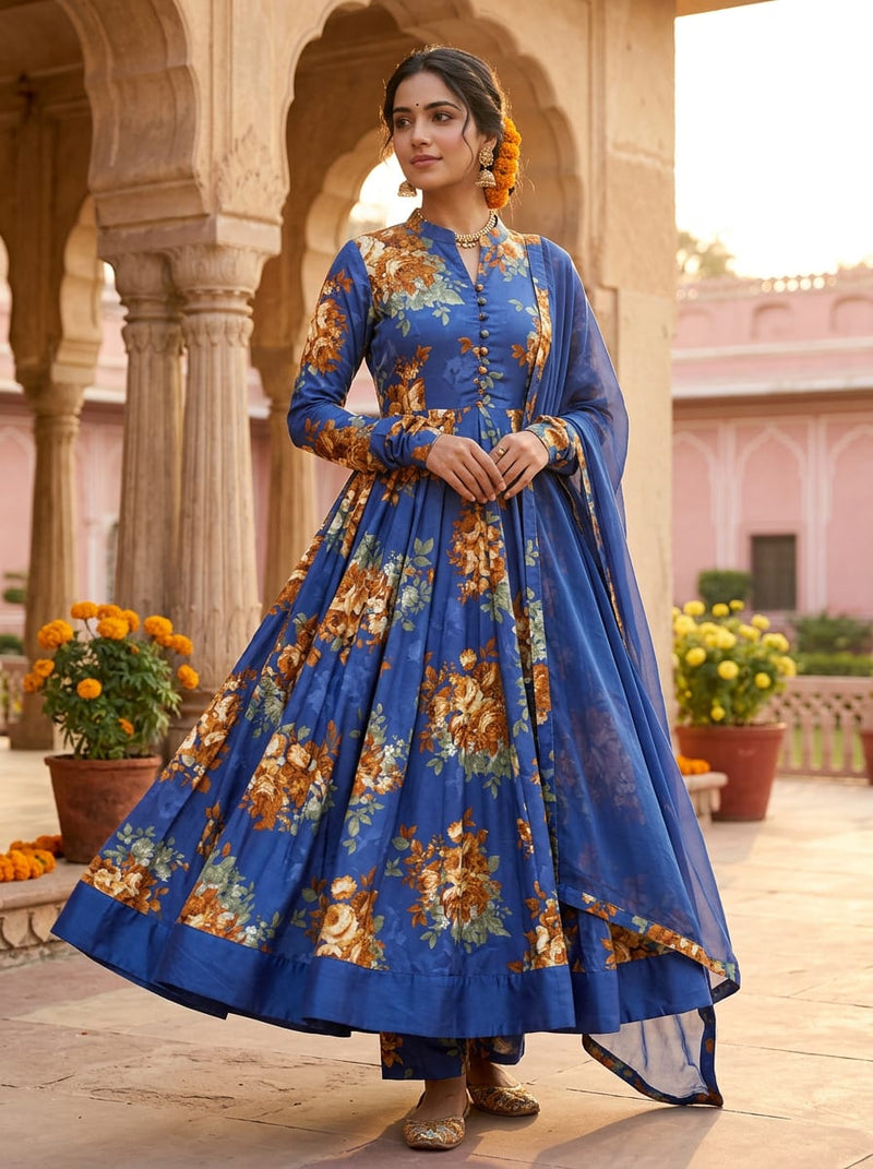 Blue Orange Floral Bouquets Silk Crepe Digital Printed Fabric