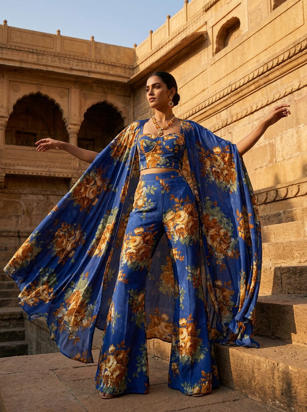 Blue Orange Floral Bouquets Silk Crepe Digital Printed Fabric - Draped Cape with Flared Pants Lookbook - CR-0-TA09612P2-110 - alternate view
