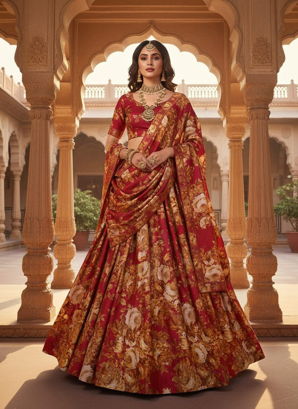 Morden Brown Roses Ripe Currant Colour Background Digital Printed Fabric - Japan Satin - Lehenga Choli Lookbook - JS-0-TA09612P3-110 - alternate view