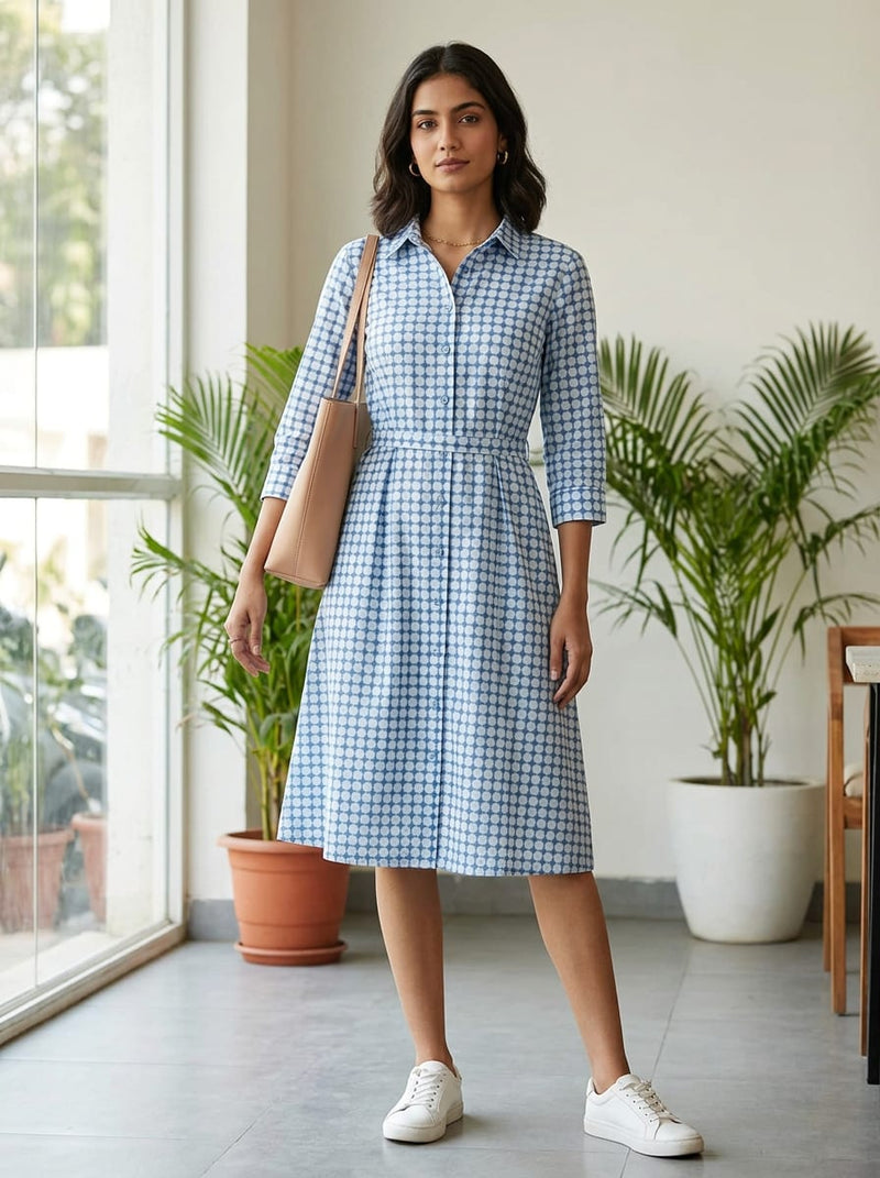 Blue Geometric Overlapping Dots Pure Cotton Digital Printed Fabric